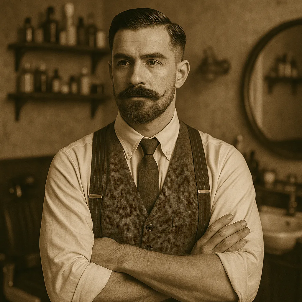 Barbier rétro avec moustache et barbe taillée : soin barbe professionnel vintage